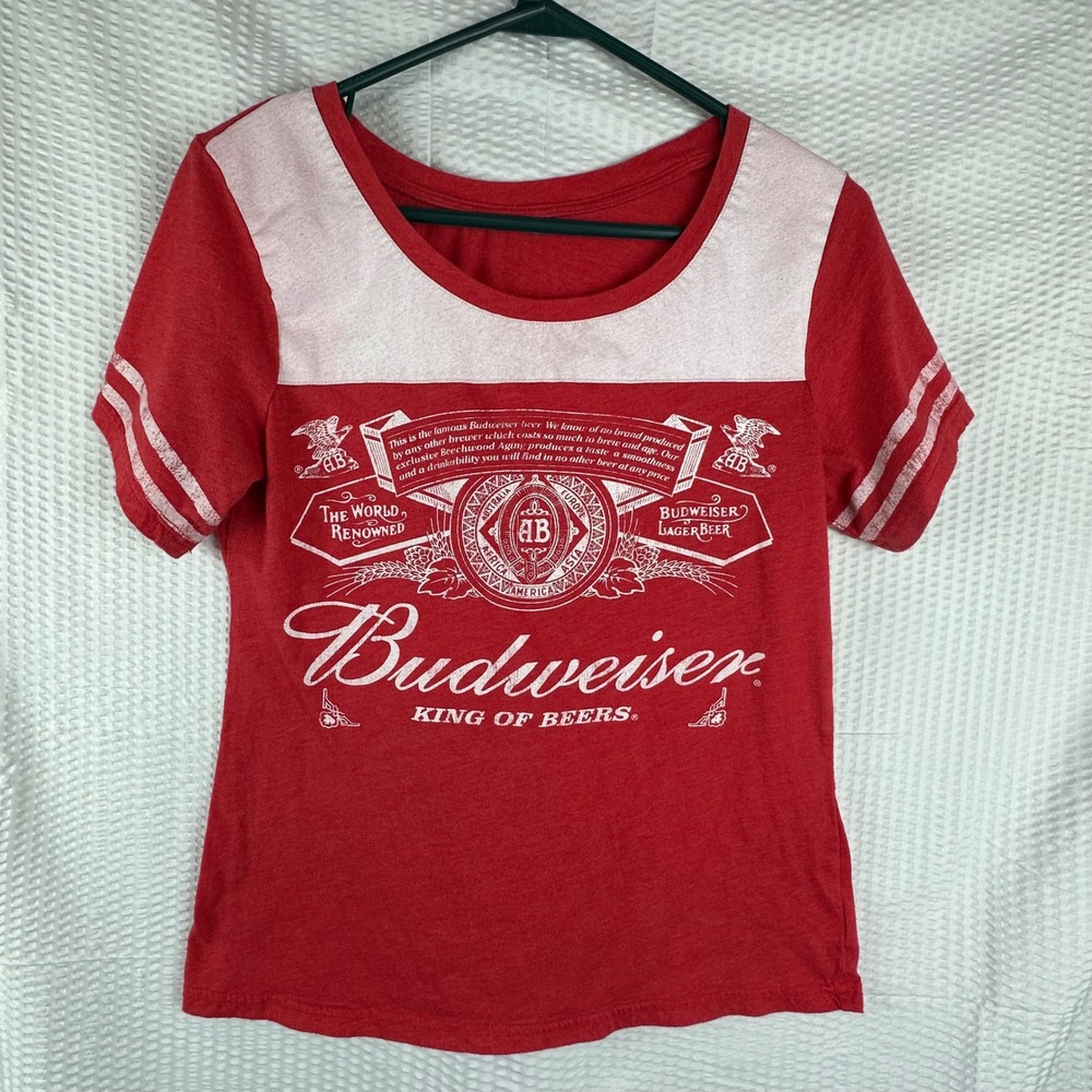 Budweiser Women's Graphic Tee Red White Retro Beer Shirt Size Small